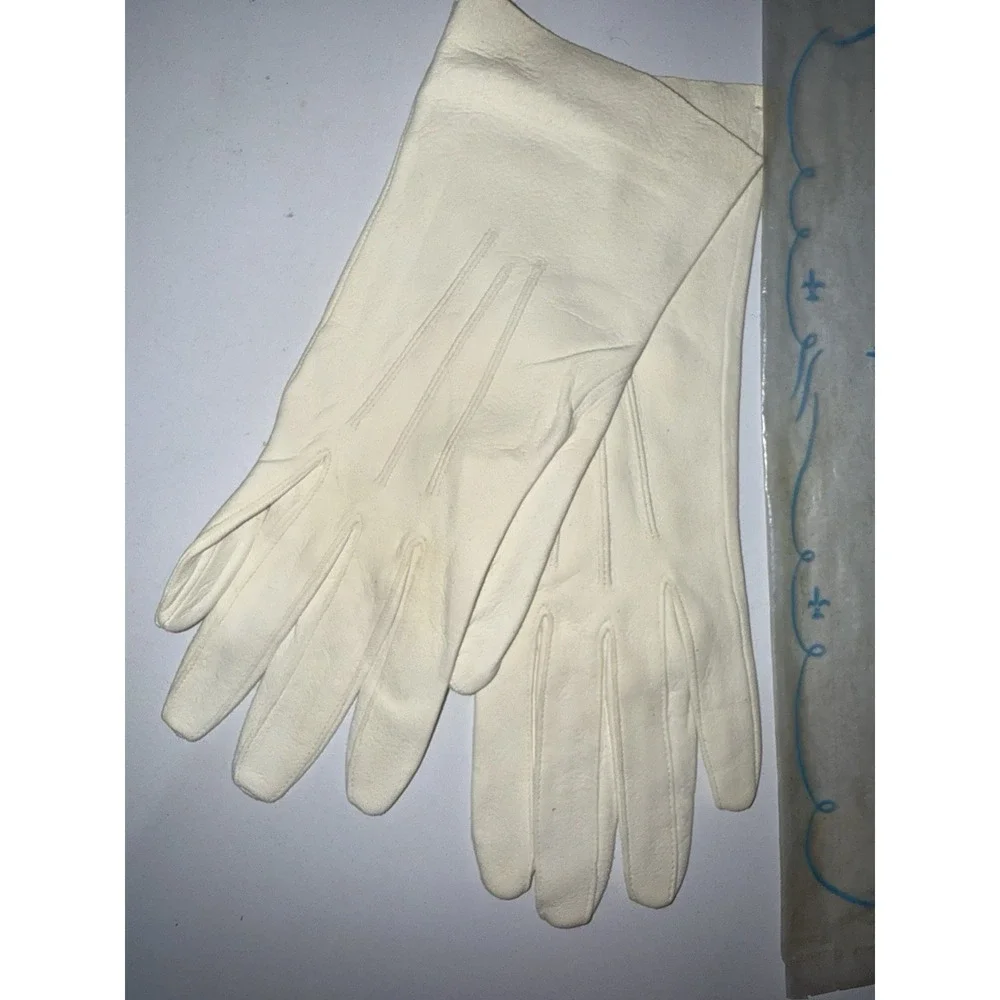 Vintage White Off White Kid Leather Gloves Van Raalte 6 1/2 long Cream‎ Q
